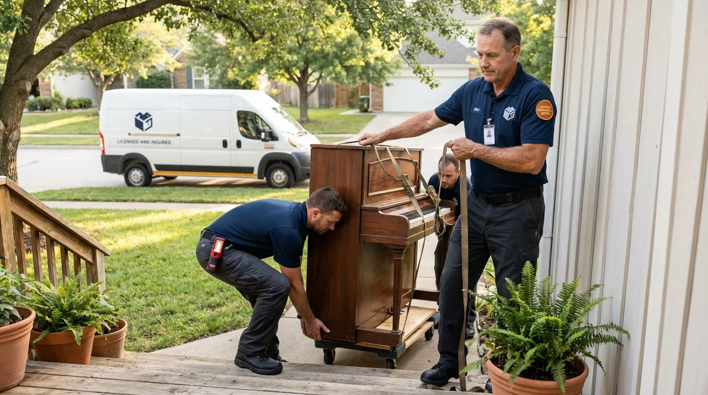 Licensed piano movers securing grand piano in Sunset, LA
