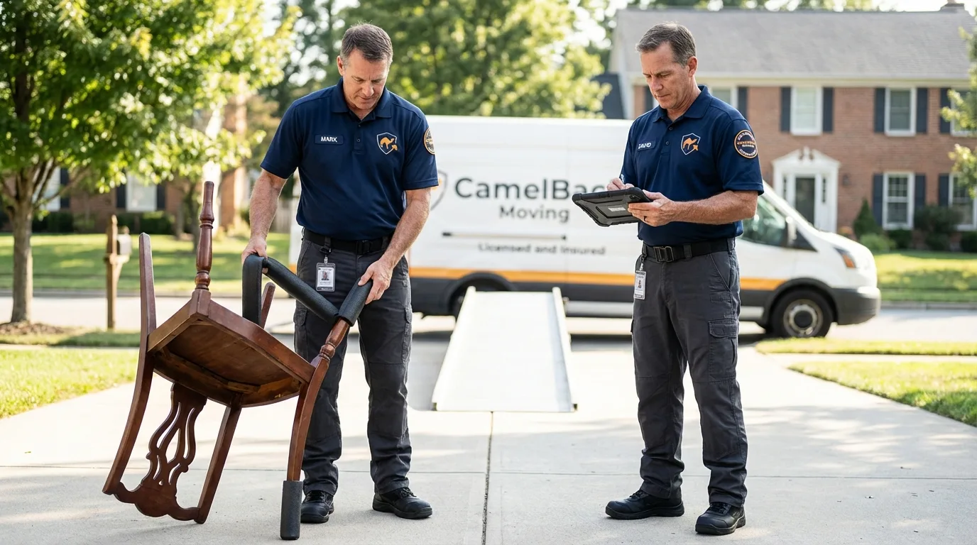 Movers inspecting furniture for damage prevention before loading in Sunset, LA